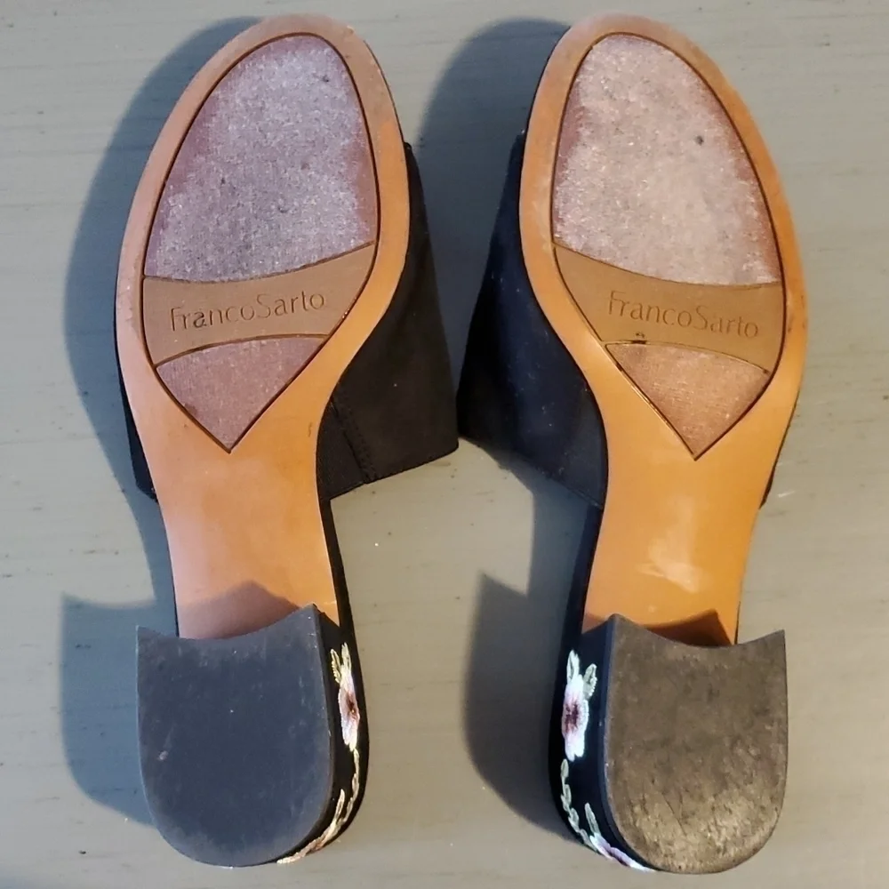 Franco Sarto-  Slides sandal Black Suede embroidered heels slip on women's 7.5